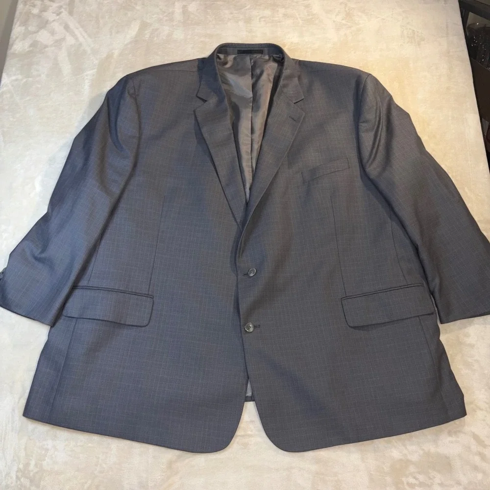 Geoffrey Beene Mens Grey Glen Plaid 2 Piece Suit Jacket 64R Pants 52W 30L DX27